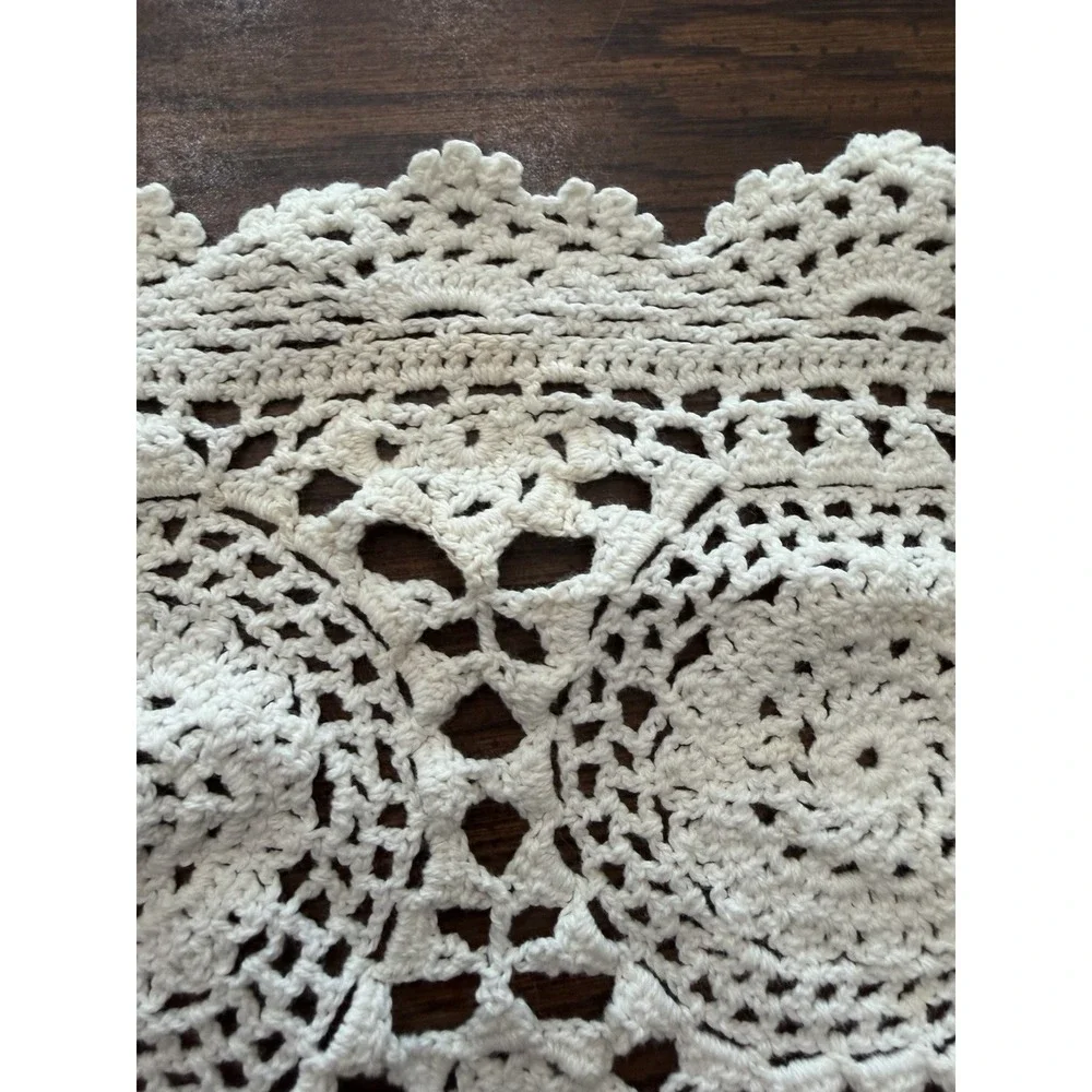 Vintage Hand Crochet rectangular Doily‎ Cotton Ivory Lace Table Topper